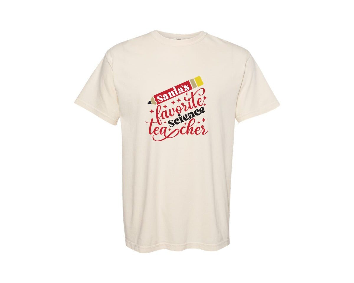brand:Comfort Colors|color:Ivory|Santas Favorite Science Teacher 4 Graphic T-Shirt