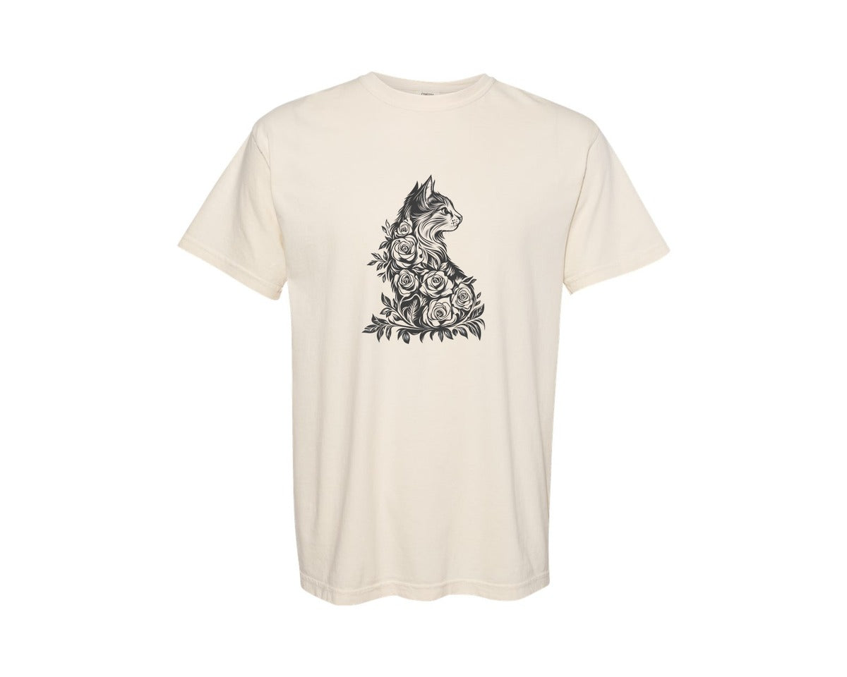 brand:Comfort Colors|color:Ivory|Floral Cat Silhouette Graphics Art Graphic T-Shirt
