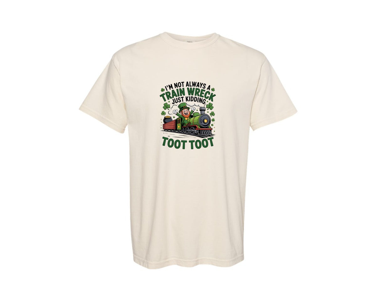 brand:Comfort Colors|color:Ivory|Train Wreck Toot Toot St Patrick Fun Graphic T-Shirt