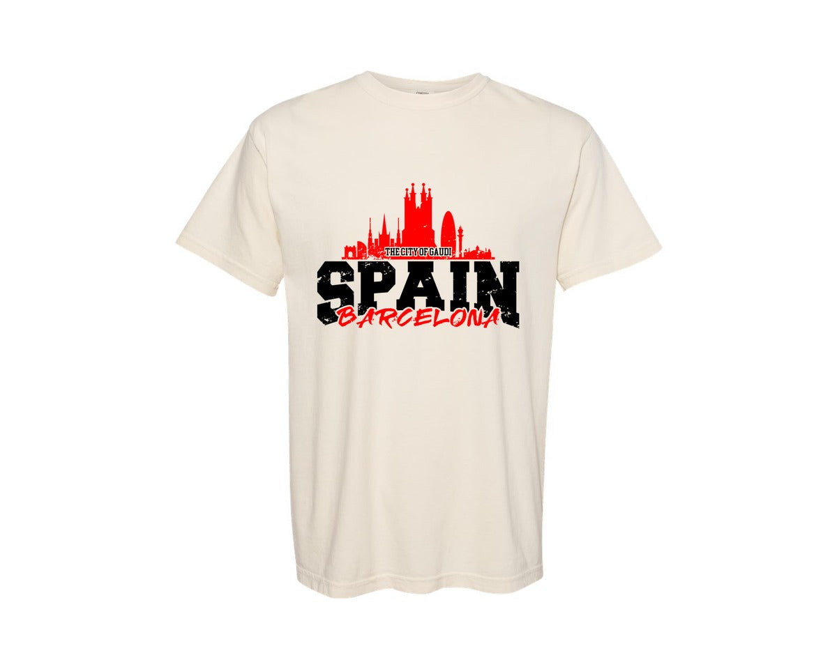 brand:Comfort Colors|color:Ivory|Distressed Barcelona Spain Shirt Graphic T-Shirt