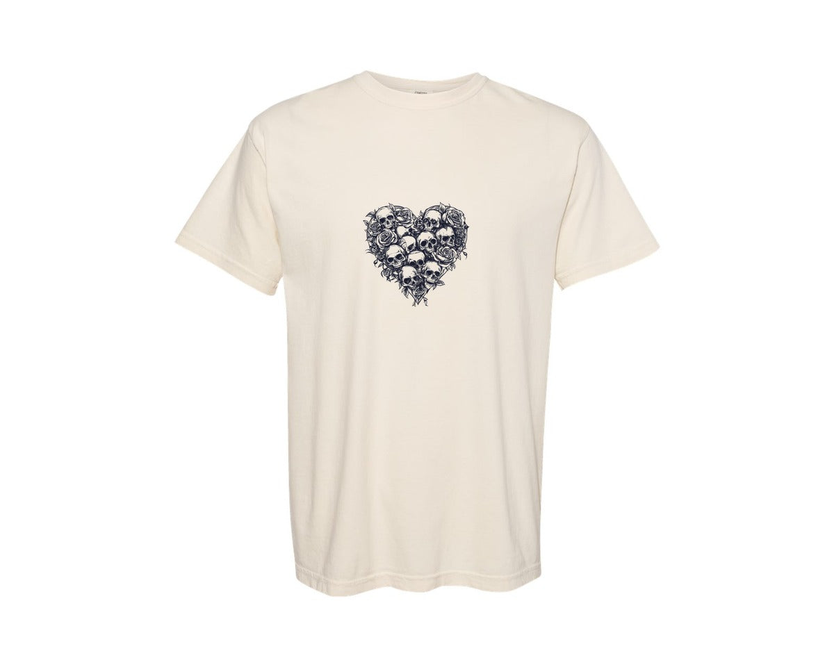 brand:Comfort Colors|color:Ivory|Gothic Heart Skulls And Roses Graphic T-Shirt