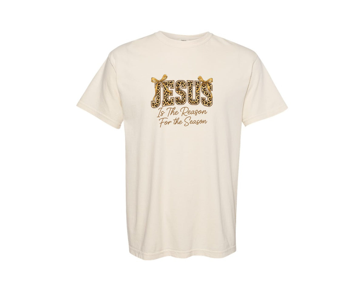 brand:Comfort Colors|color:Ivory|Jesus Is The Reason Leopard Graphic T-Shirt