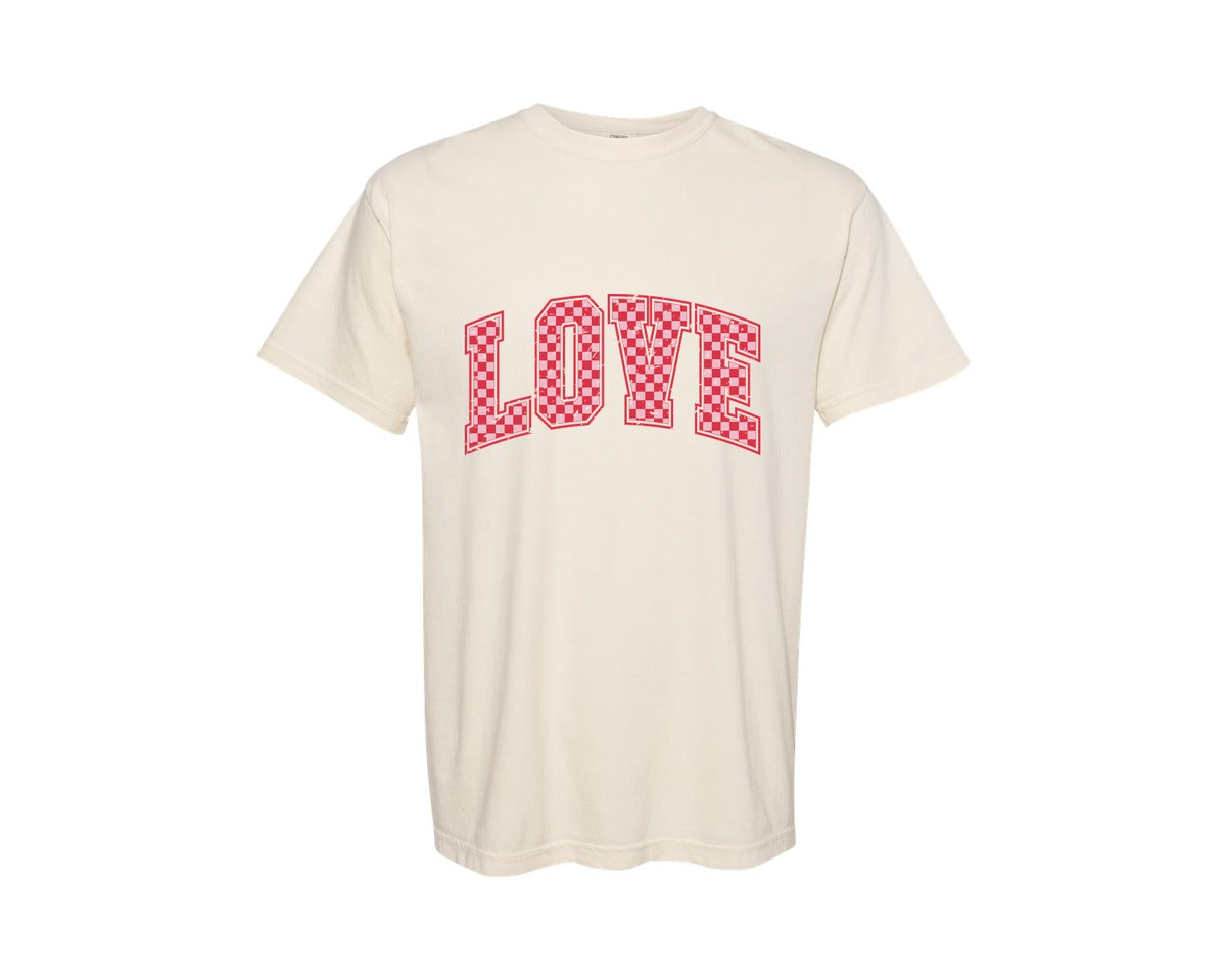 brand:Comfort Colors|color:Ivory|Love Valentine Varsity Retro Checkered Graphic T-Shirt