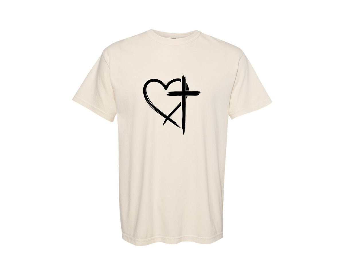 brand:Comfort Colors|color:Ivory|Heart And Cross Brush Symbol Graphic T-Shirt