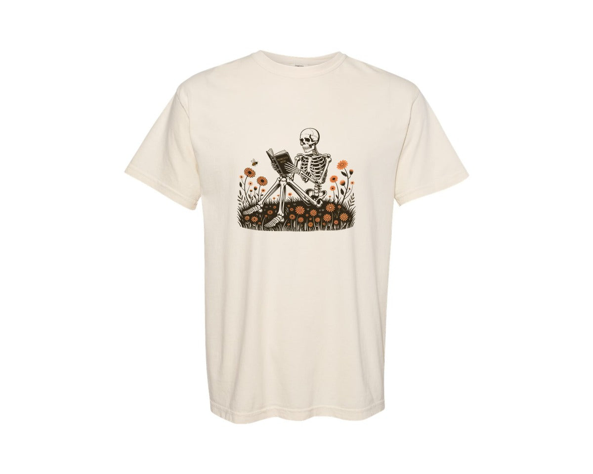brand:Comfort Colors|color:Ivory|Book Reading Skeleton Gothic Graphic T-Shirt