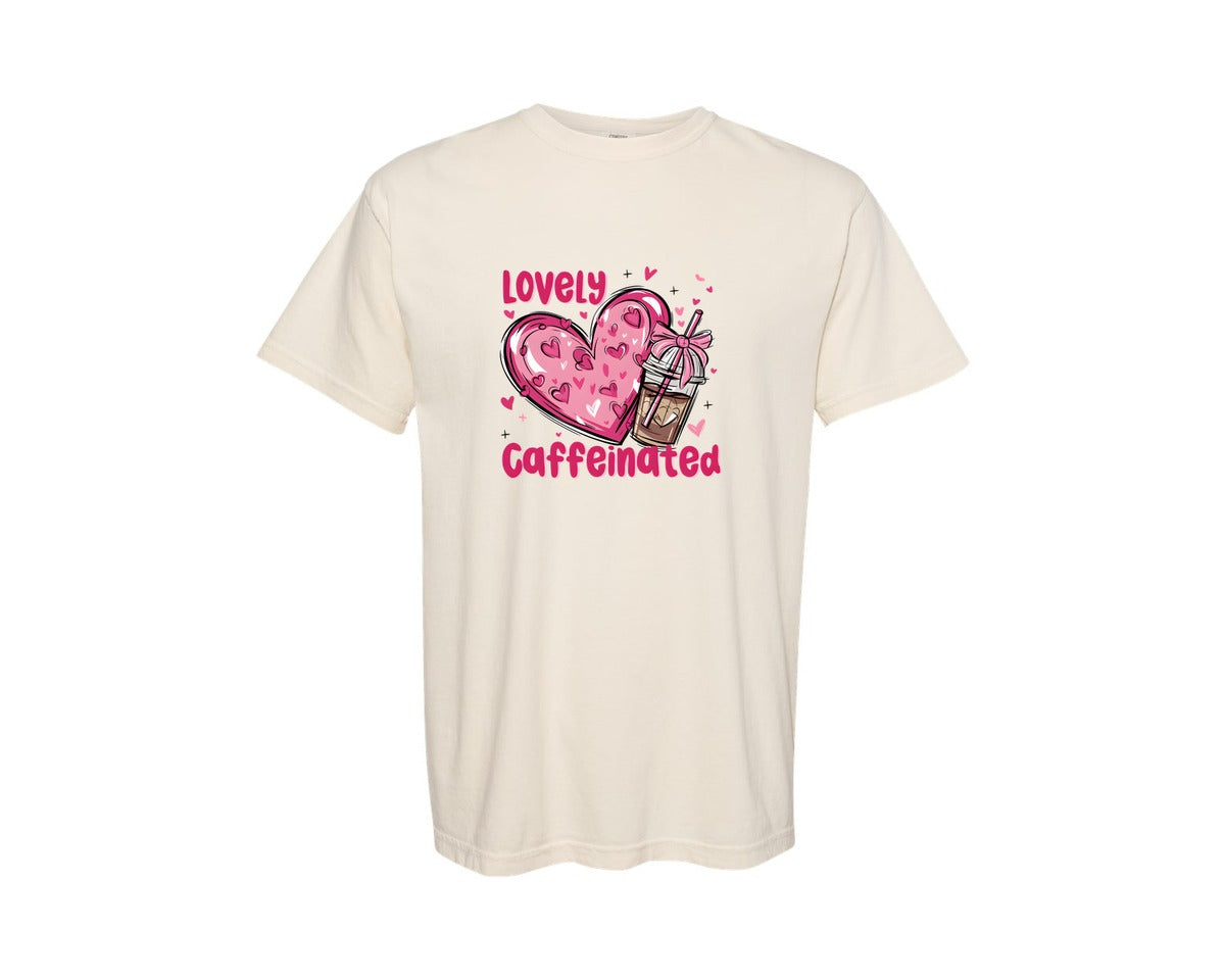 brand:Comfort Colors|color:Ivory|Lovely And Caffeinated Coffee Valentine Graphic T-Shirt