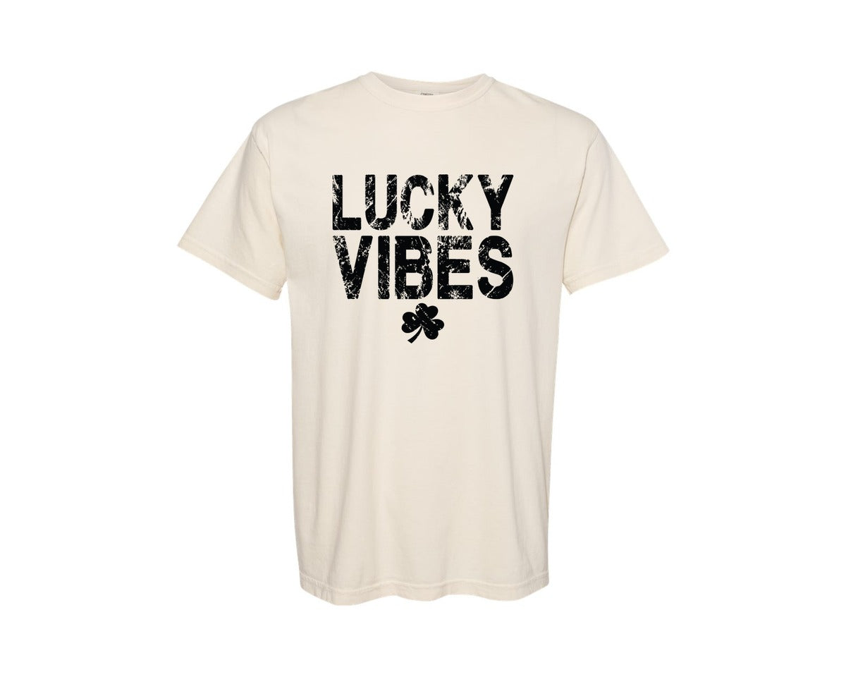 brand:Comfort Colors|color:Ivory|Trendy Retro Lucky Vibes Graphic T-Shirt