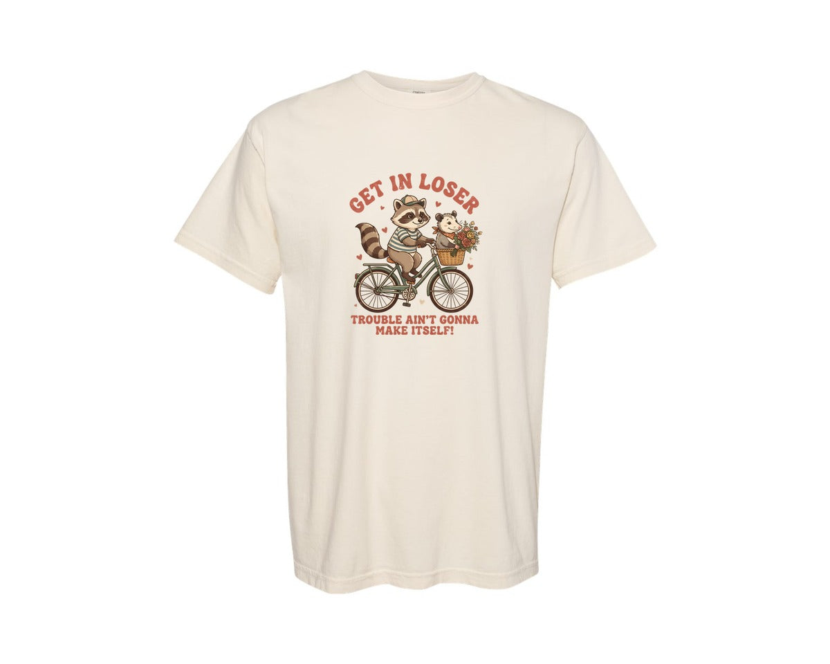 brand:Comfort Colors|color:Ivory|Funny Raccoon Possum Bicycle Valentine Graphic T-Shirt