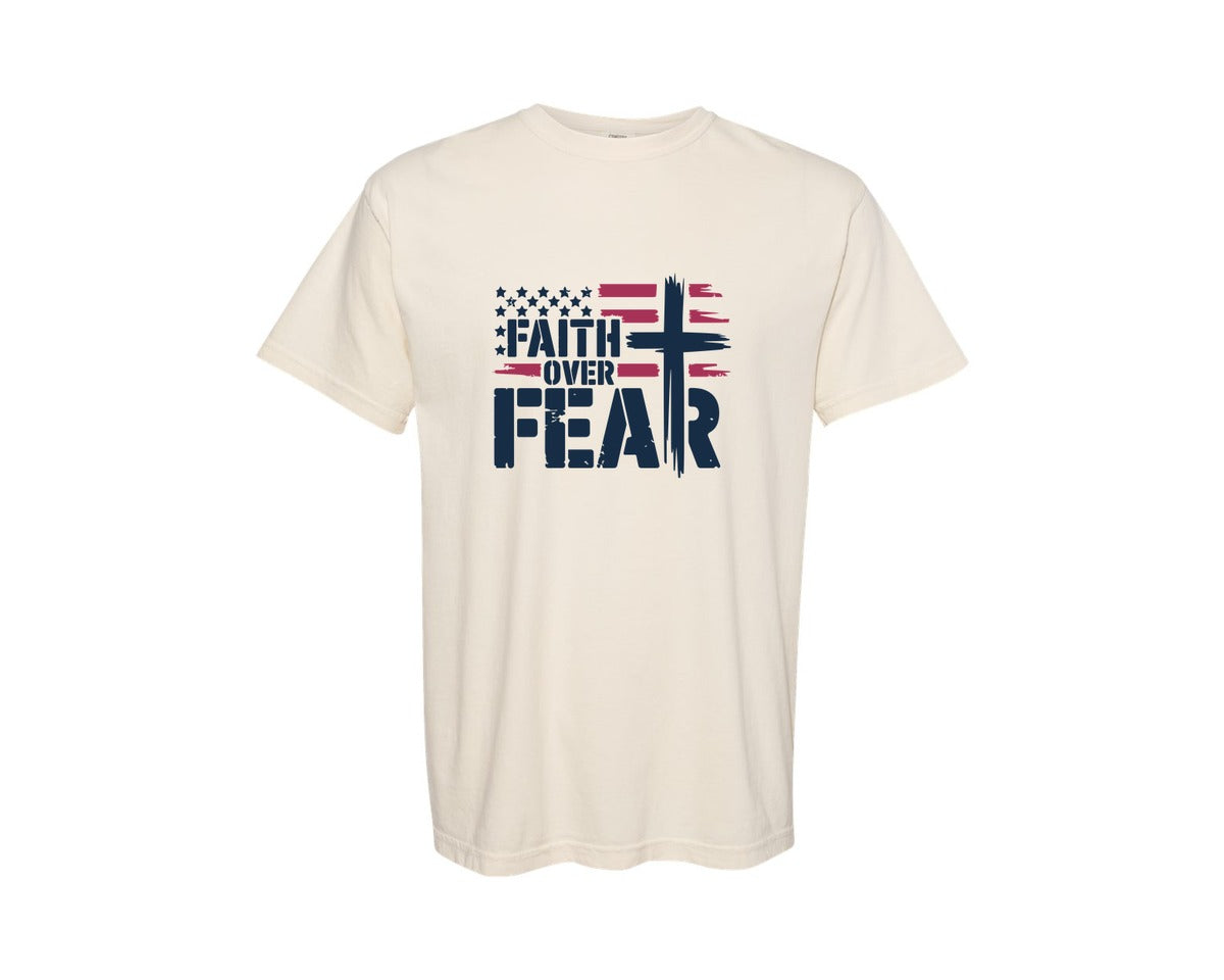brand:Comfort Colors|color:Ivory|Faith Over Fear Usa Flag Usa Flag Graphic T-Shirt