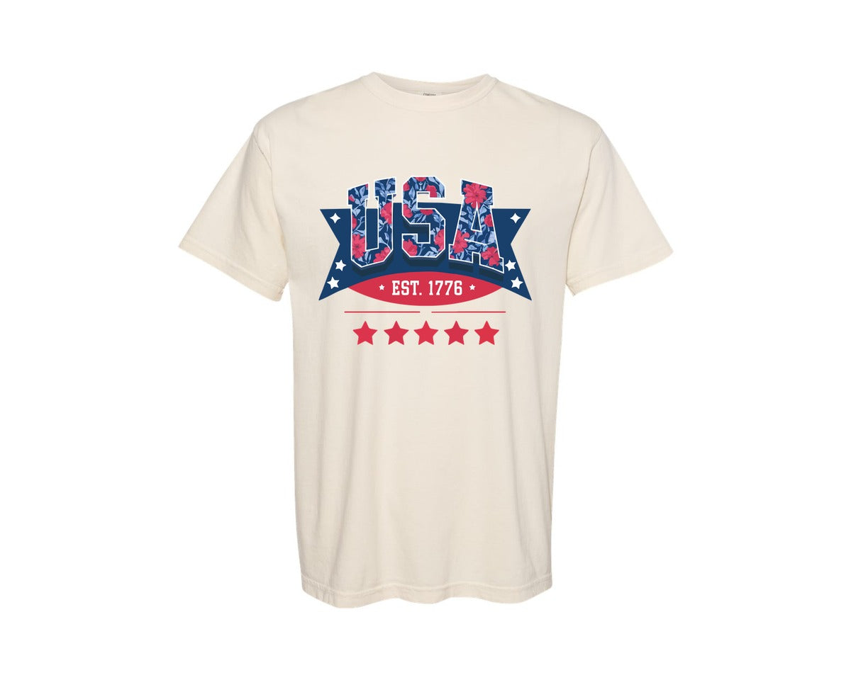 brand:Comfort Colors|color:Ivory|Usa Floral 1776 Patriotic Art Graphic T-Shirt
