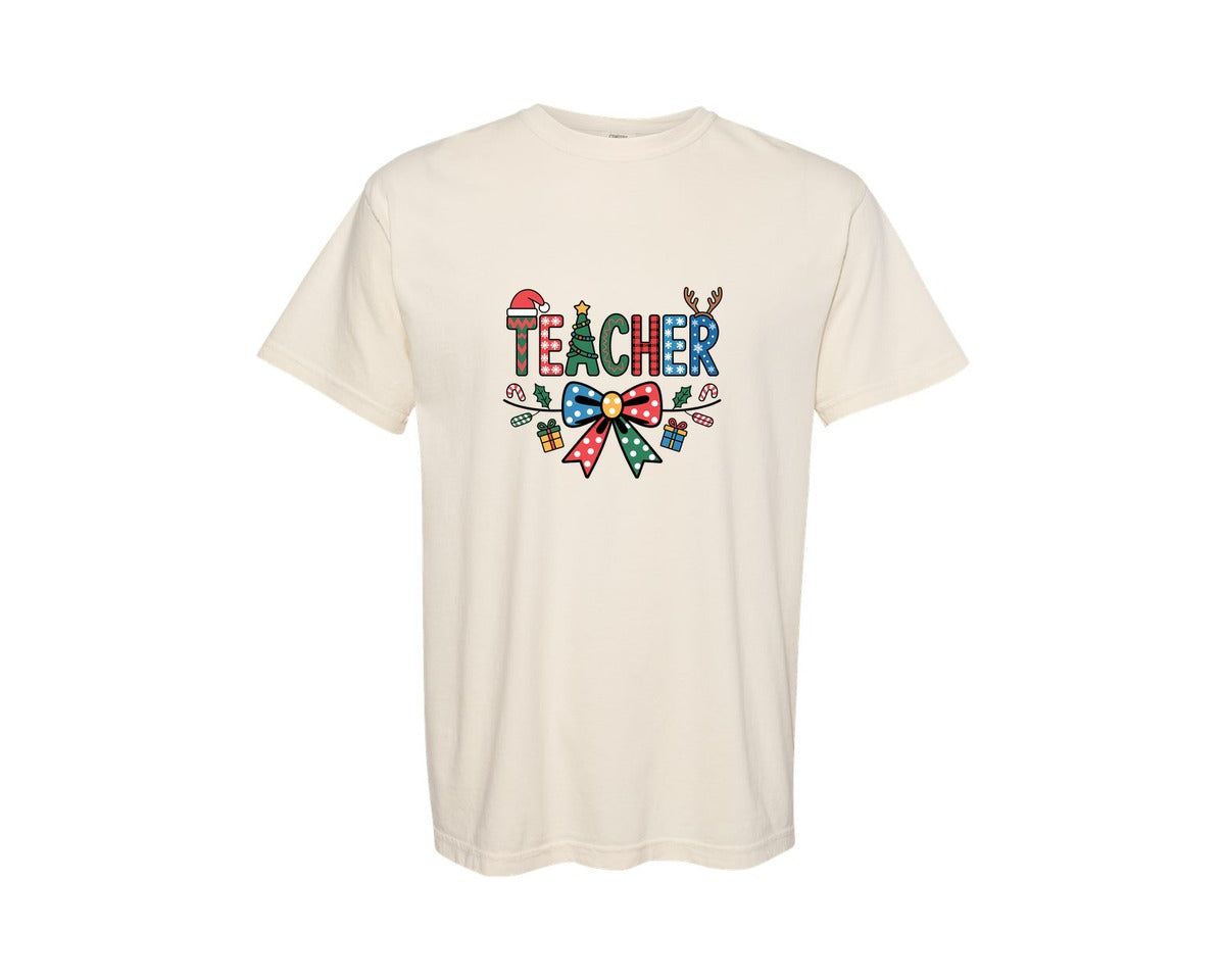 brand:Comfort Colors|color:Ivory|Christmas Teacher Colorful Holiday Graphic T-Shirt