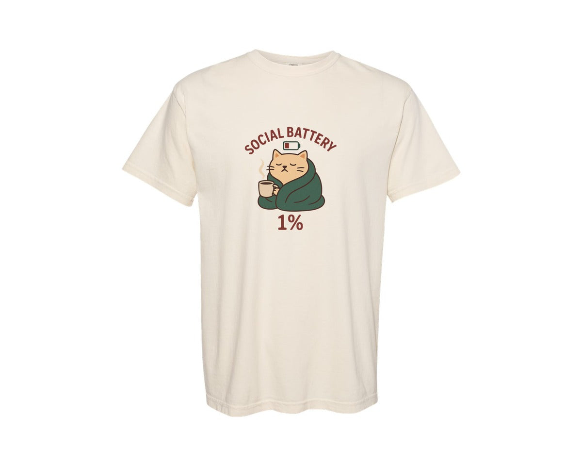 brand:Comfort Colors|color:Ivory|Social Battery Cat Cozy Quote Graphic T-Shirt