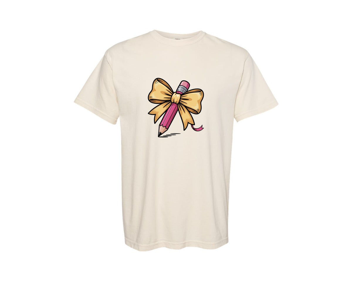 brand:Comfort Colors|color:Ivory|Back To School Pencil Bow Girls Pink Graphic T-Shirt