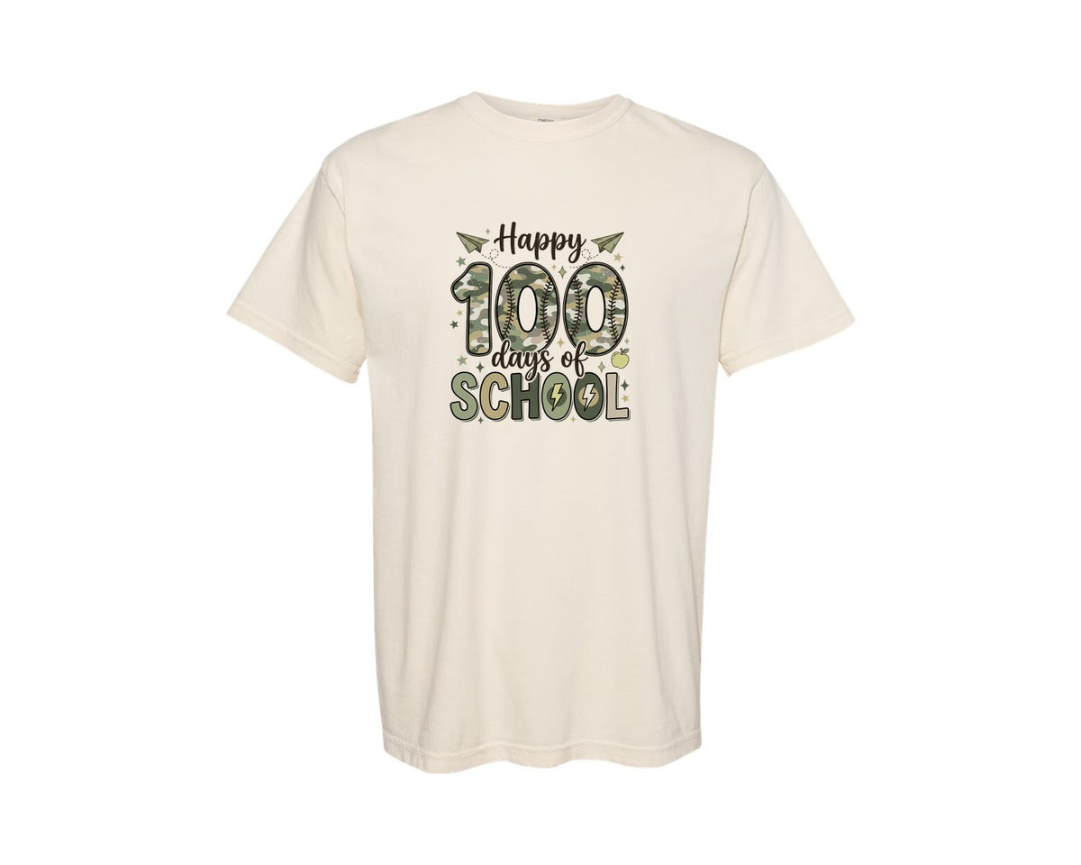 brand:Comfort Colors|color:Ivory|Camo 100 Days Of School Sports Graphic T-Shirt