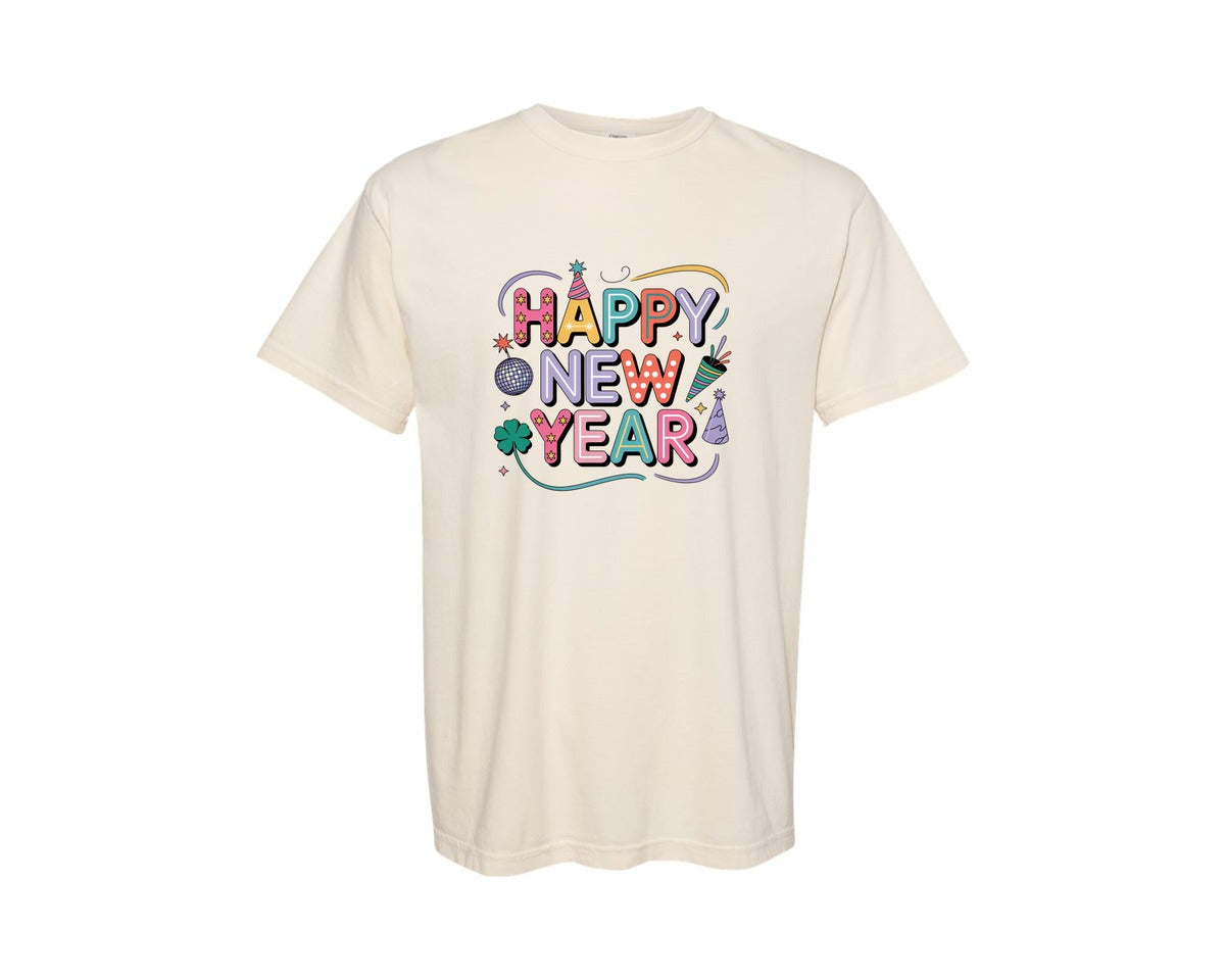 brand:Comfort Colors|color:Ivory|Happy New Year 2026 Happy New Year 3 Graphic T-Shirt