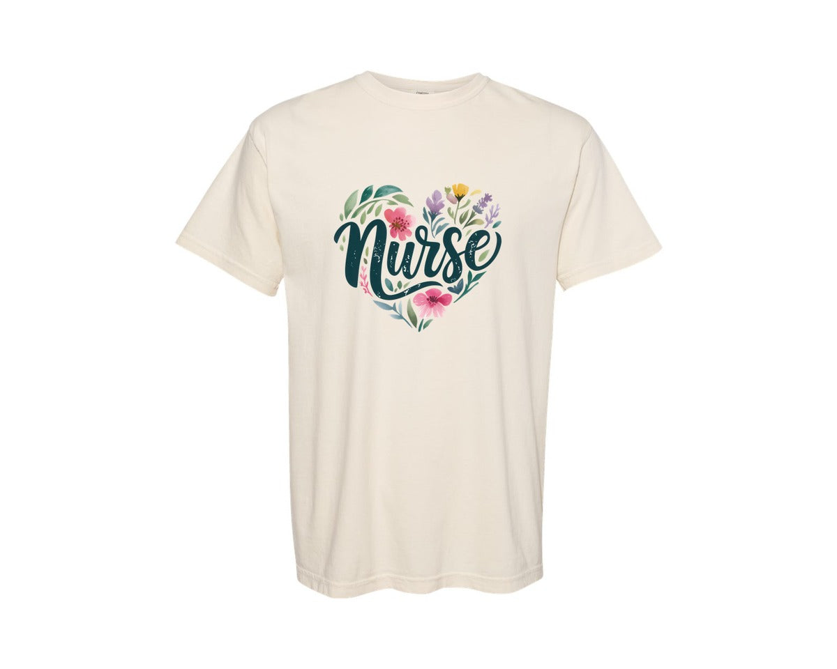 brand:Comfort Colors|color:Ivory|Retro Nurse Floral Heart 2 Graphic T-Shirt