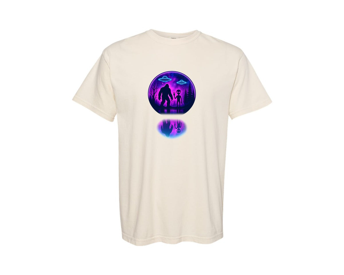 brand:Comfort Colors|color:Ivory|Bigfoot And Alien Ufo Neon Galaxy Graphic T-Shirt