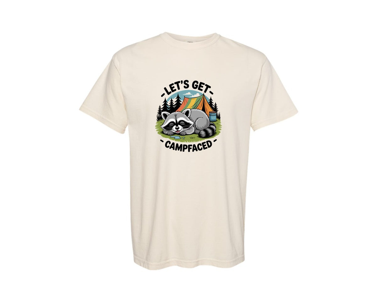 brand:Comfort Colors|color:Ivory|Lets Get Campfaced Camping Raccoon Graphic T-Shirt
