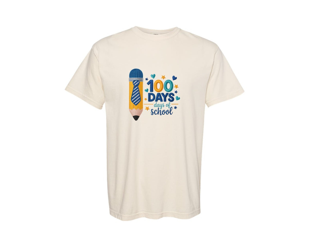 brand:Comfort Colors|color:Ivory|Faux Yarn 100 Days Of School Boy Shirt Graphic T-Shirt