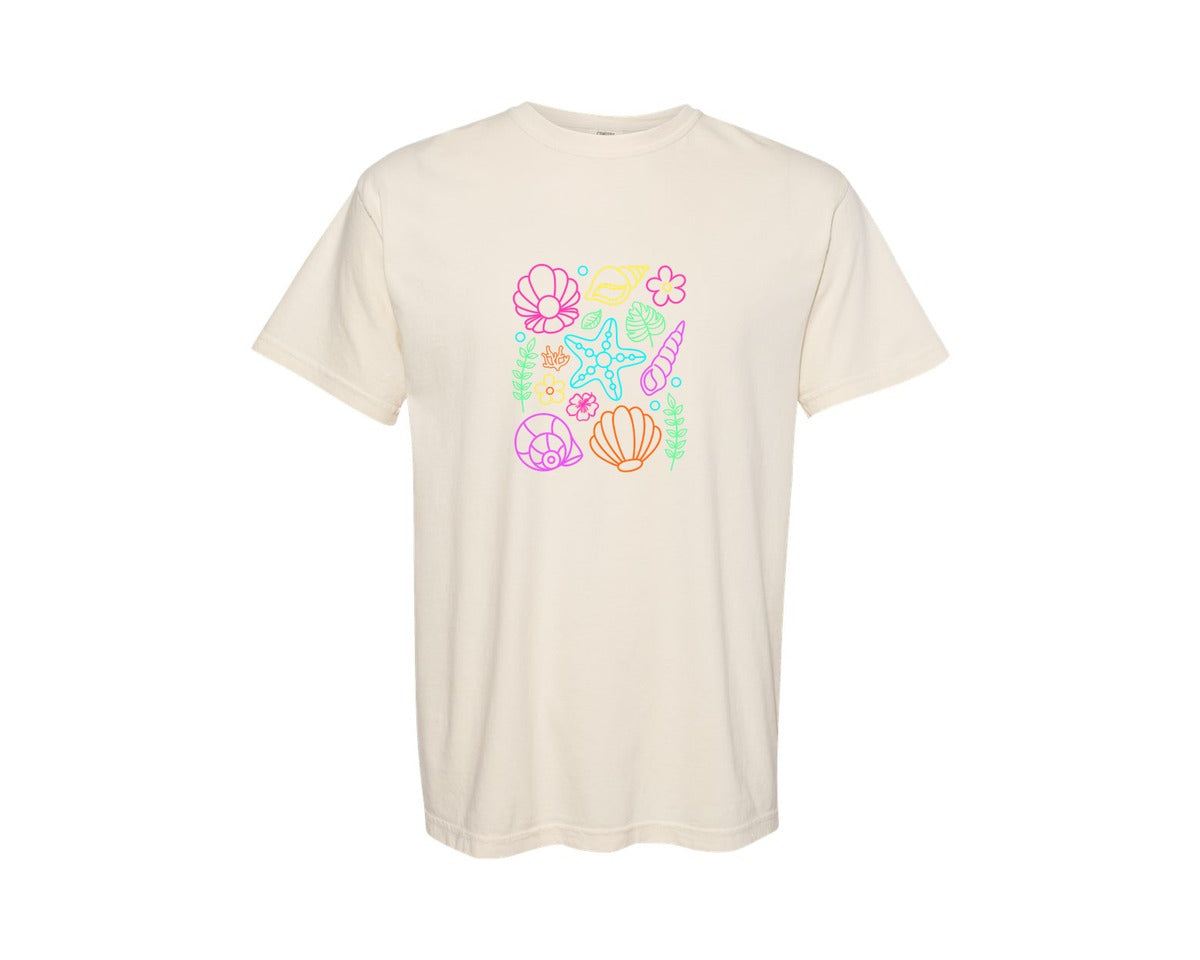 brand:Comfort Colors|color:Ivory|Neon Seashell Retro Summer Graphic T-Shirt