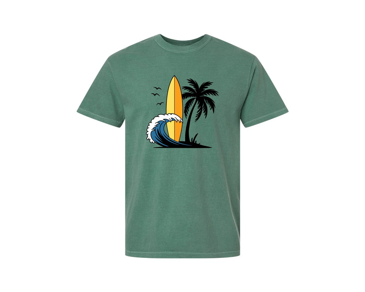 brand:Comfort Colors|color:Light Green|Surfboard With Ocean Wave And Palm Tree Graphic T-Shirt