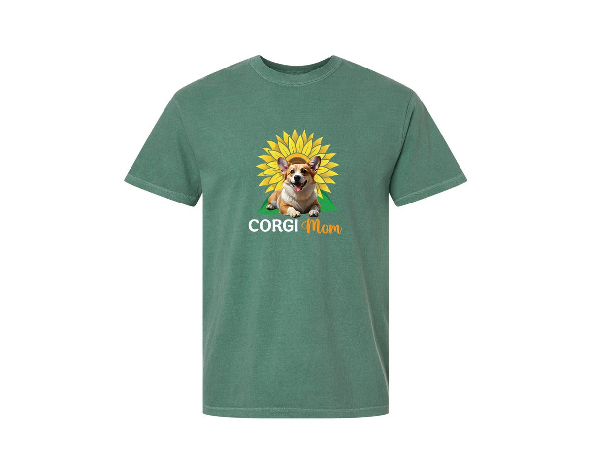 brand:Comfort Colors|color:Light Green|Corgi Mom Sunflower Graphic T-Shirt