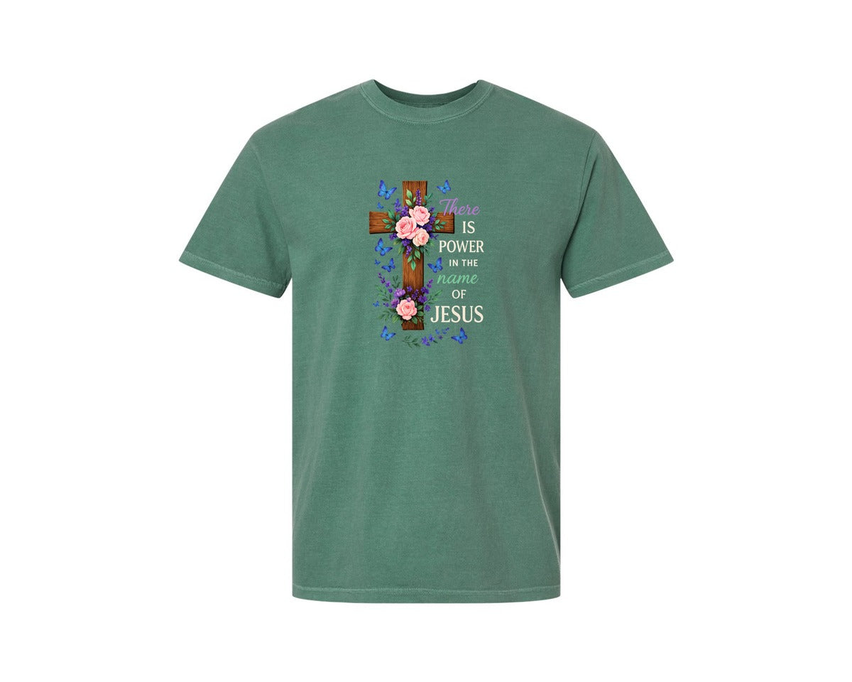 brand:Comfort Colors|color:Light Green|Power In The Name Of Jesus Floral Graphic T-Shirt