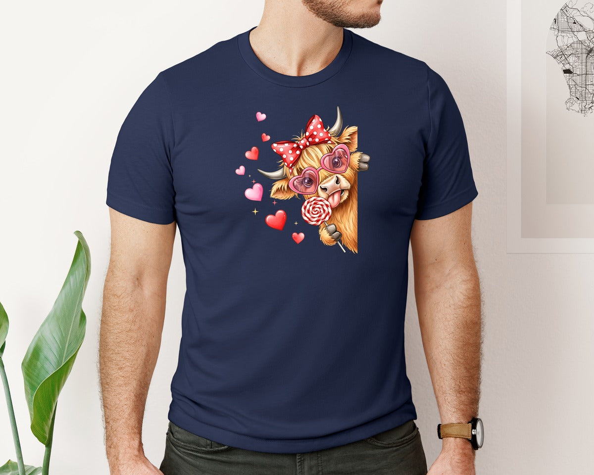 brand:Bella Canvas|color:Navy|Funny Valentine Highland Cow 10 Graphic T-Shirt