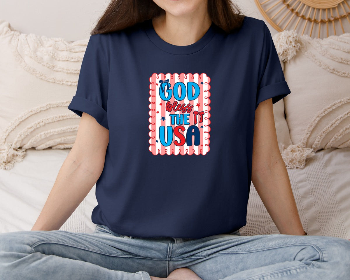 brand:Bella Canvas|color:Navy|Preppy 4Th Of July Coquette Usa Graphic T-Shirt