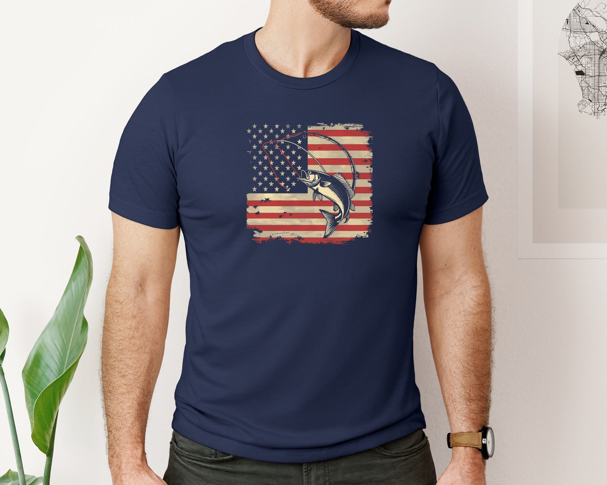 brand:Bella Canvas|color:Navy|American Flag Fishing T Shirt Design Wit Graphic T-Shirt