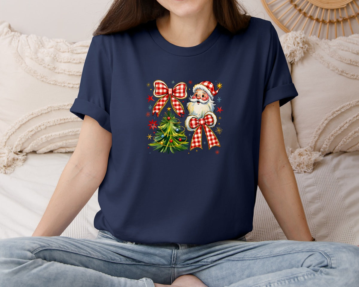 brand:Bella Canvas|color:Navy|Santa Coquette Christmas Retro Tree Graphic T-Shirt