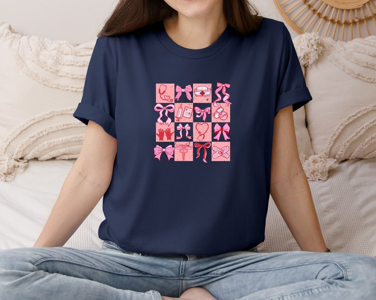 brand:Bella Canvas|color:Navy|Nurse Valentine Coquette Preppy Girly Graphic T-Shirt