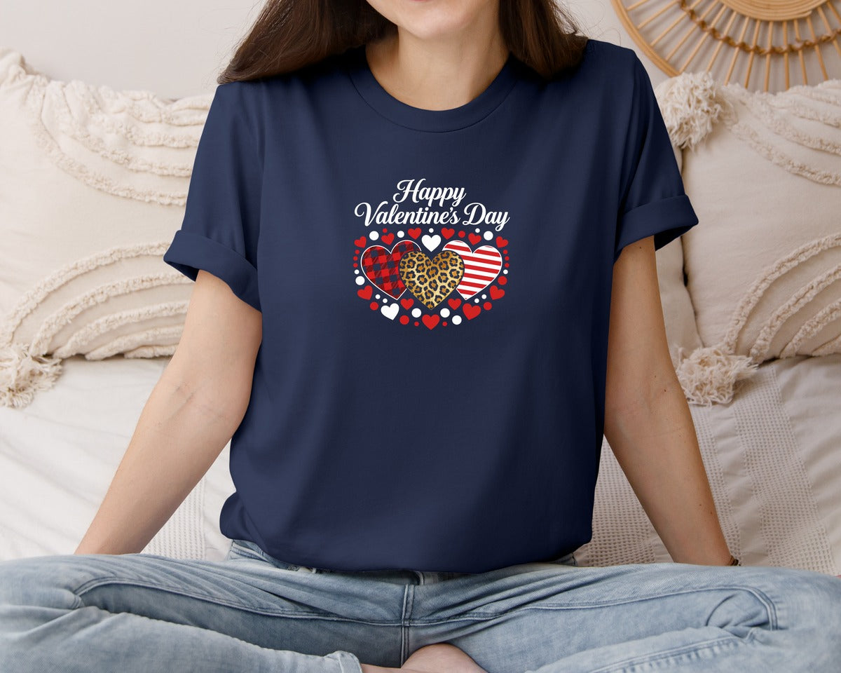 brand:Bella Canvas|color:Navy|Happy Valentines Day Leopard Plaid Hear Graphic T-Shirt