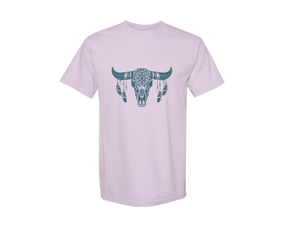brand:Comfort Colors|color:Orchid|Western Bull Skull Aztec Boho Longhorn Graphic T-Shirt