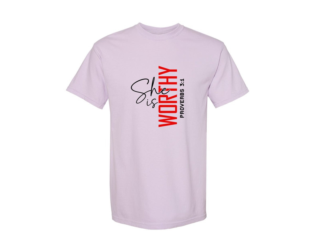 brand:Comfort Colors|color:Orchid|She Is Worthy Christian Graphic T-Shirt
