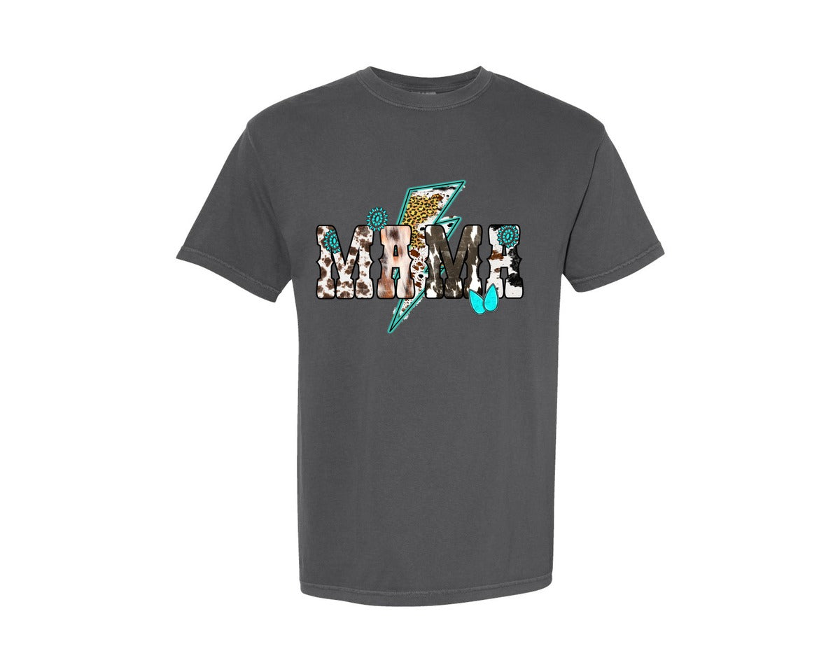 brand:Comfort Colors|color:Pepper|Mama Western Cow Turquoise Lightning Graphic T-Shirt
