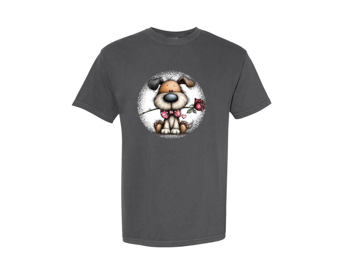 brand:Comfort Colors|color:Pepper|Dog Whimsical Valentine Round Tshirt Graphic T-Shirt