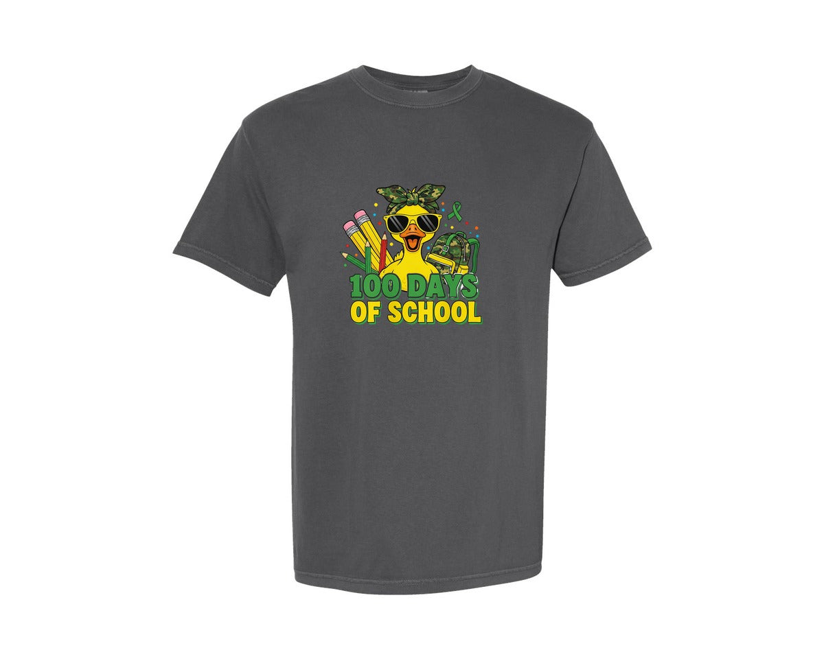 brand:Comfort Colors|color:Pepper|100 Days Of School Duck Camo Graphic T-Shirt