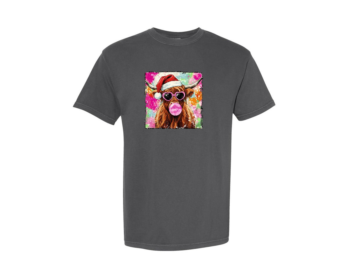 brand:Comfort Colors|color:Pepper|Cool Highland Cow Santa Christmas Graphic T-Shirt