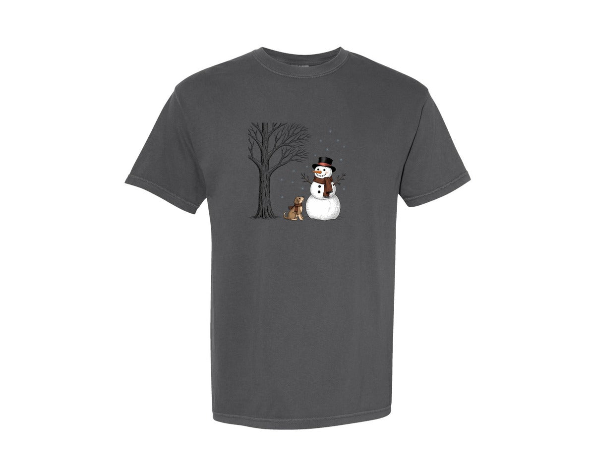 brand:Comfort Colors|color:Pepper|Winter Snowman And Dog Snow Scene Graphic T-Shirt