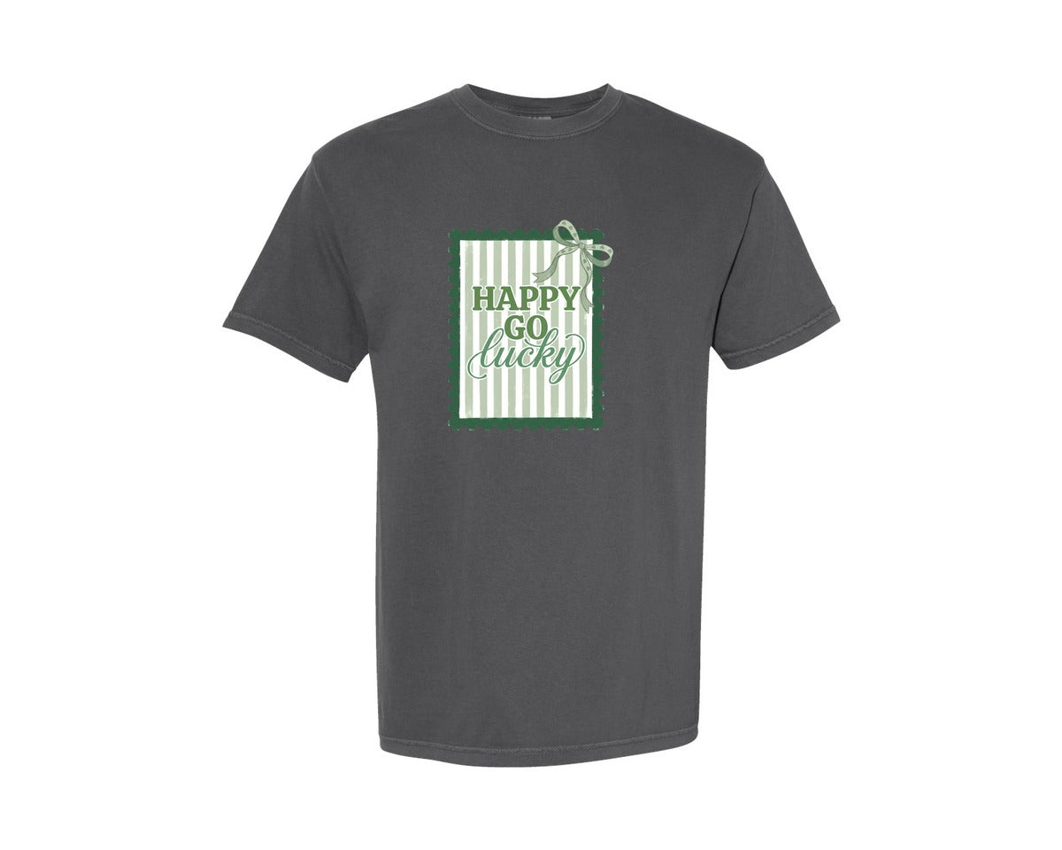 brand:Comfort Colors|color:Pepper|Happy Go Lucky St Patricks Stamp Graphic T-Shirt