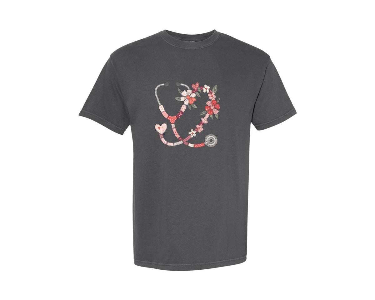 brand:Comfort Colors|color:Pepper|Floral Nurse Stethoscope Valentine 4 Graphic T-Shirt