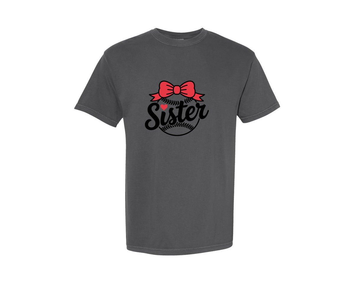 brand:Comfort Colors|color:Pepper|Sister Baseball Bow Ai Graphic T-Shirt