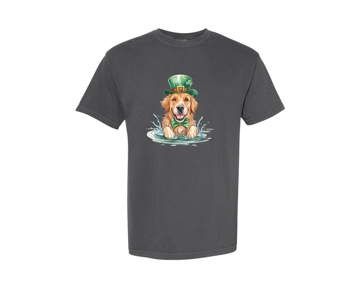 brand:Comfort Colors|color:Pepper|Golden Retriever St Patricks Day Graphic T-Shirt