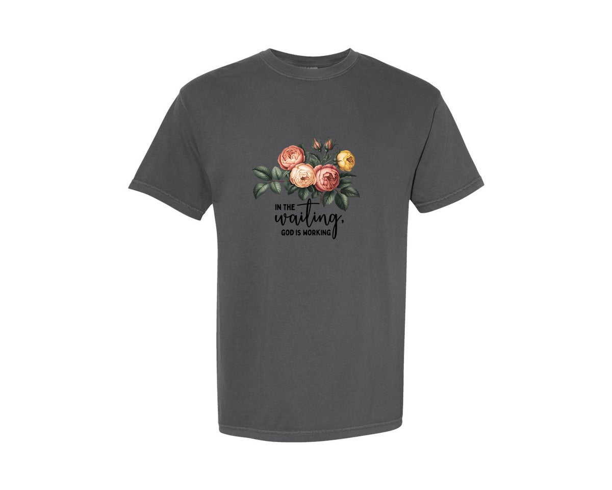 brand:Comfort Colors|color:Pepper|In The Waiting God Is Working Graphic T-Shirt