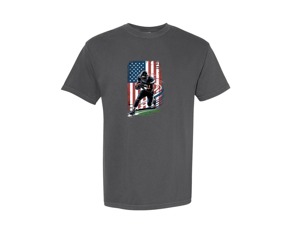 brand:Comfort Colors|color:Pepper|Football Player American Flag Graphic T-Shirt
