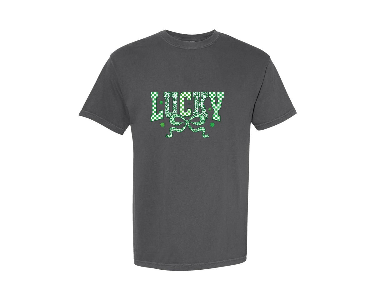 brand:Comfort Colors|color:Pepper|Retro Checkered Lucky St Patricks Day C Graphic T-Shirt