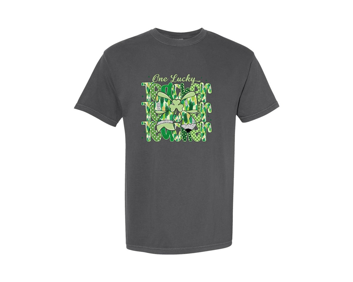 brand:Comfort Colors|color:Pepper|St Patricks Day Teacher Coquette Bow Graphic T-Shirt