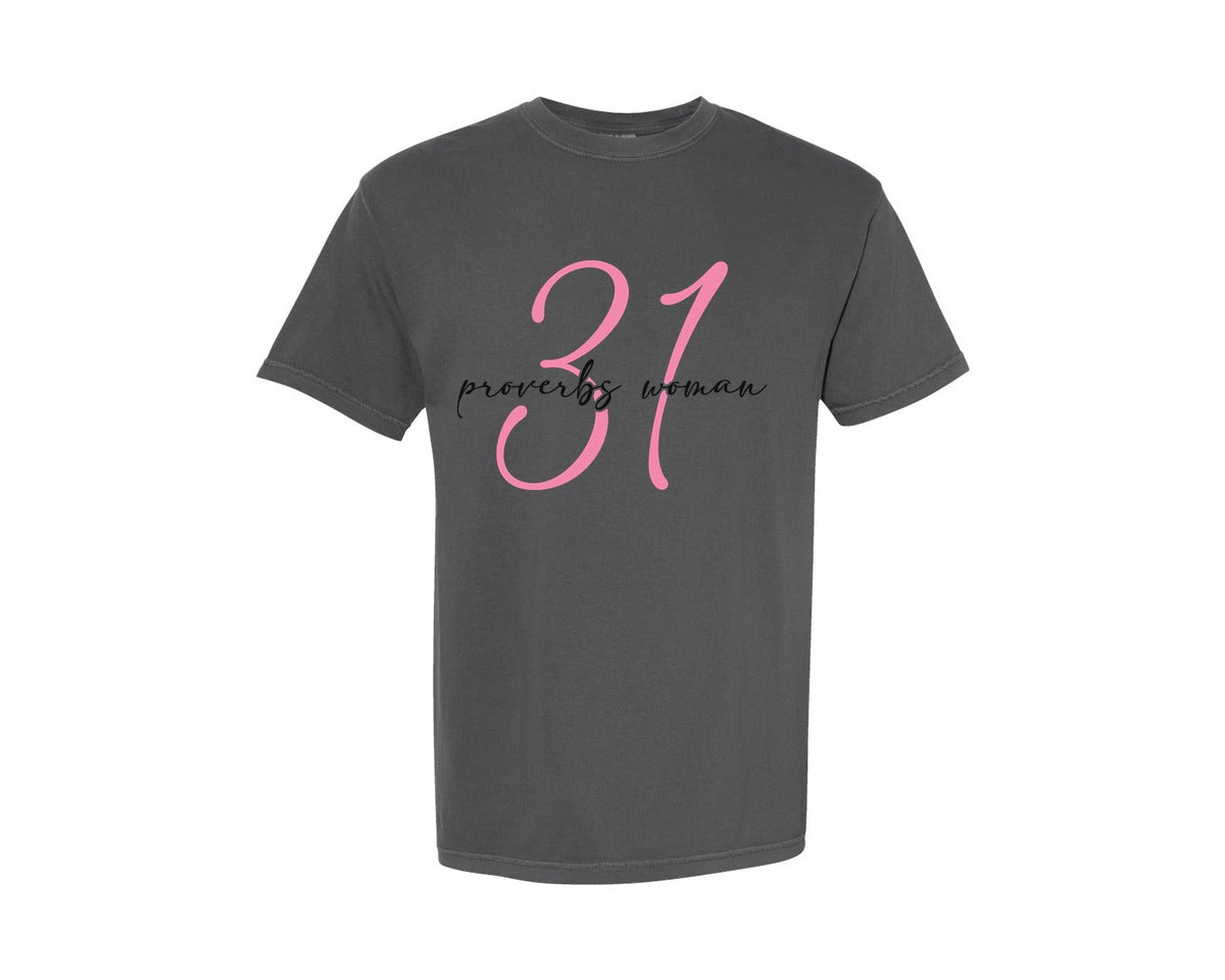 brand:Comfort Colors|color:Pepper|Proverbs 31 Woman Christian Graphic T-Shirt