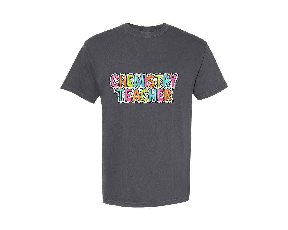 brand:Comfort Colors|color:Pepper|Chemistry Teacher Dalmatian Dots Graphic T-Shirt